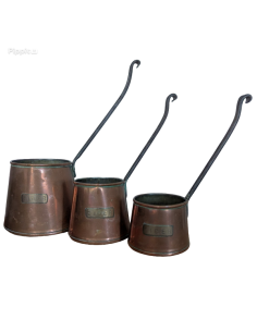 Antique set of 3 copper cider measure long handled ladles